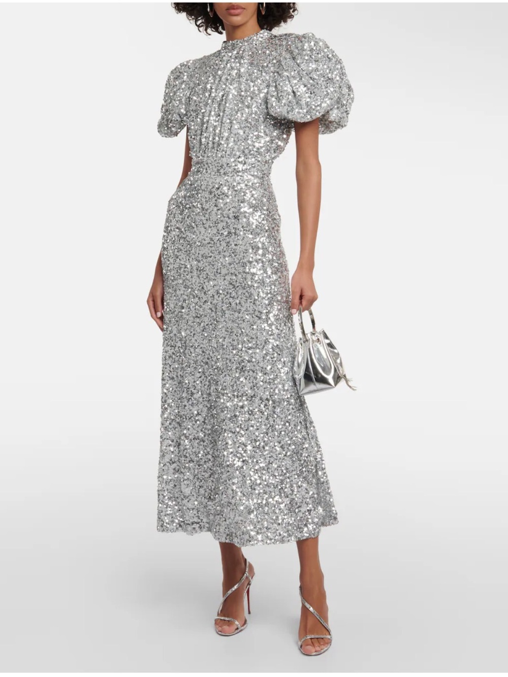 ROTATE Silver Sequin Midi Dress with Statement Puff Sleeves
